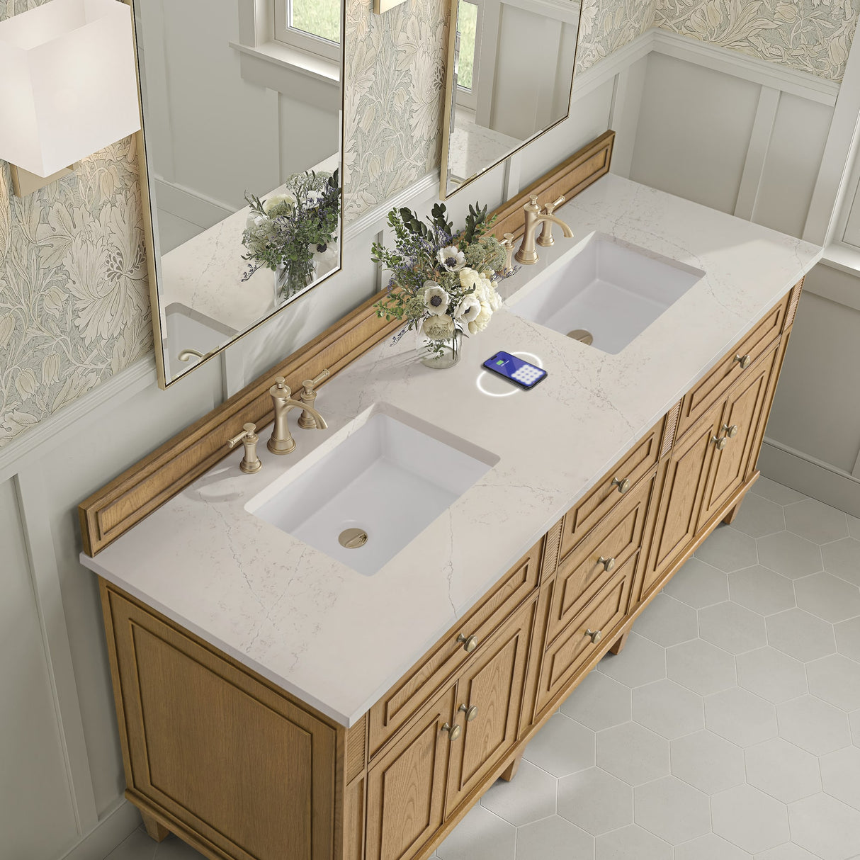 Lorelai 72" Double Vanity, Light Natural Oak, w/ 3 CM Siberian Silestone Top w/FreePower Wireless Charger