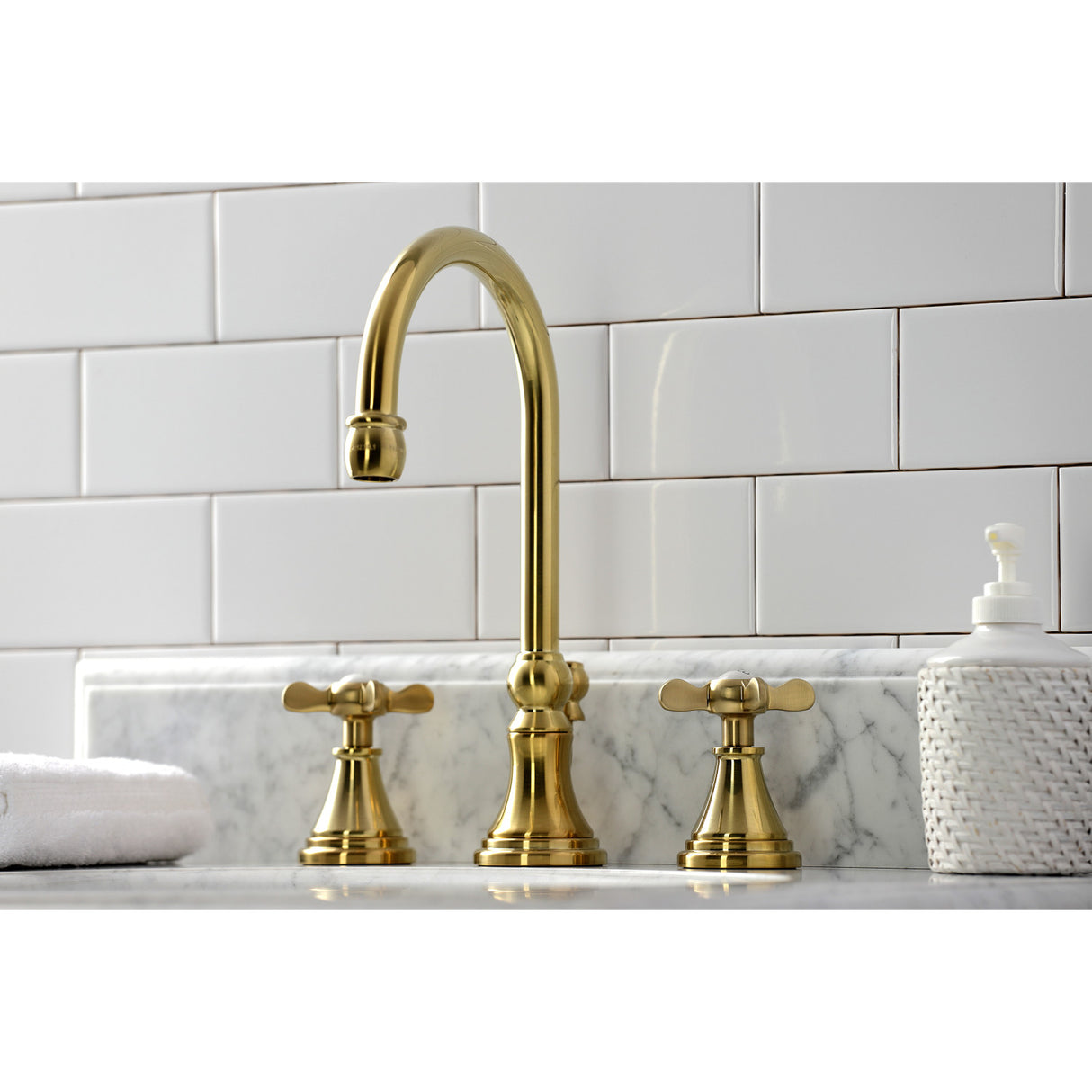 Kingston Brass KS2987BEX Essex Widespread Bathroom Faucet with Brass Pop-Up, Brushed Brass