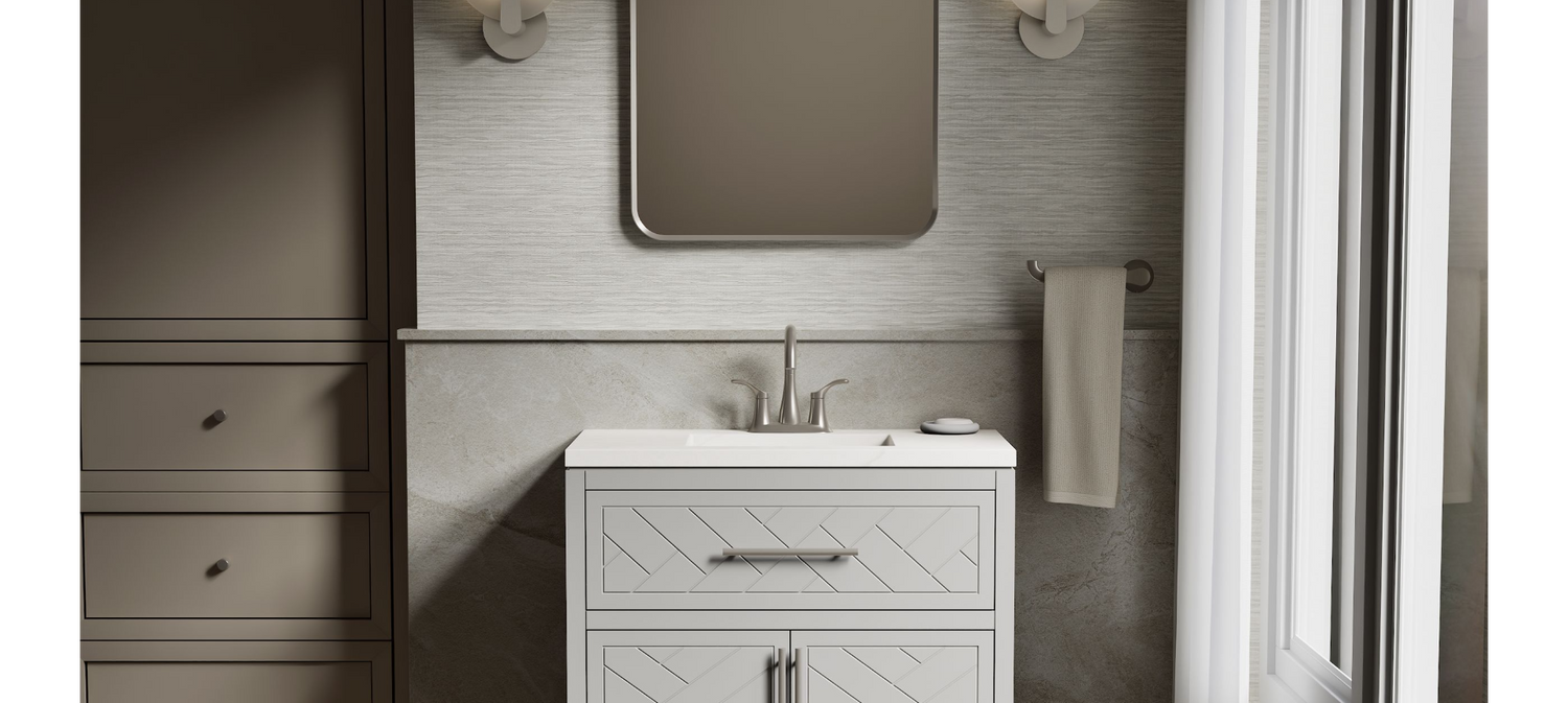 KOHLER Accra 30in. Single Sink Freestanding Atmos Grey Bath Vanity with Bianco Bella Quartz Top Assembled R35898-ASB-AGA
