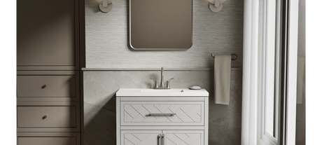 KOHLER Accra 30in. Single Sink Freestanding Atmos Grey Bath Vanity with Bianco Bella Quartz Top Assembled R35898-ASB-AGA