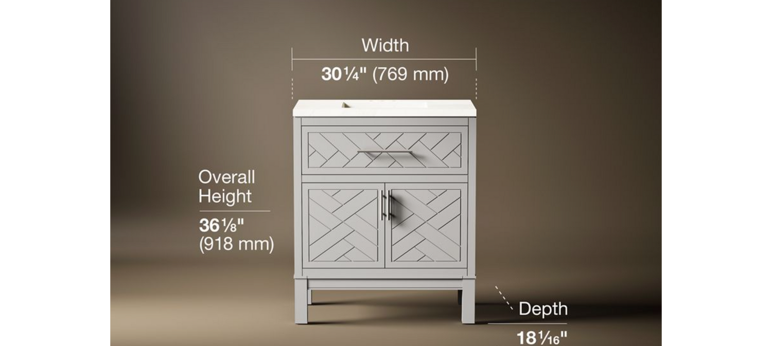 KOHLER Accra 30in. Single Sink Freestanding Atmos Grey Bath Vanity with Bianco Bella Quartz Top Assembled R35898-ASB-AGA