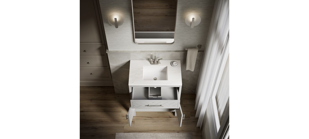 KOHLER Accra 30in. Single Sink Freestanding Atmos Grey Bath Vanity with Bianco Bella Quartz Top Assembled R35898-ASB-AGA