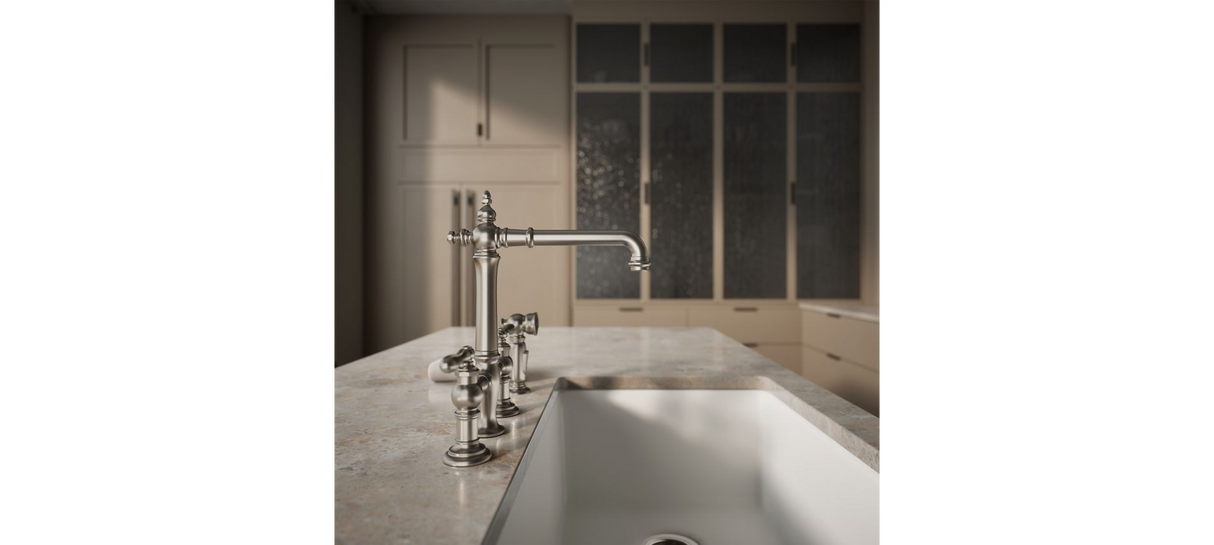 Kohler 76519-4-VS K-76519-4-VS Artifacts Deck-Mount Bridge Kitchen Sink Faucet with Lever Handles and sidespray Vibrant Stainless