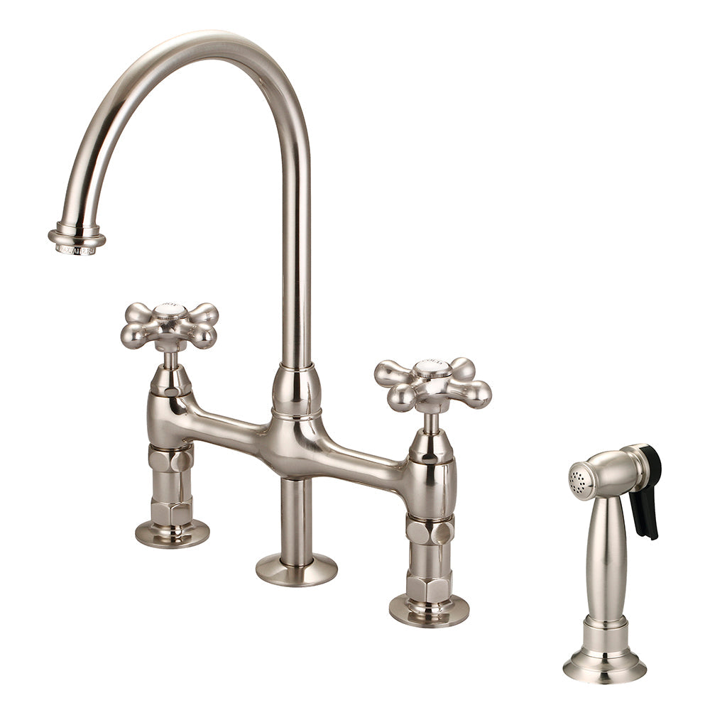 Harding Kitchen Bridge Faucet with Sidespray and Metal Button Cross Handles