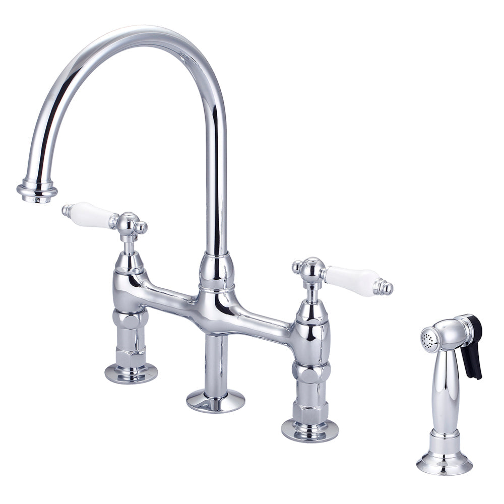 Harding Kitchen Bridge Faucet with Sidespray and Porcelain Lever Handles