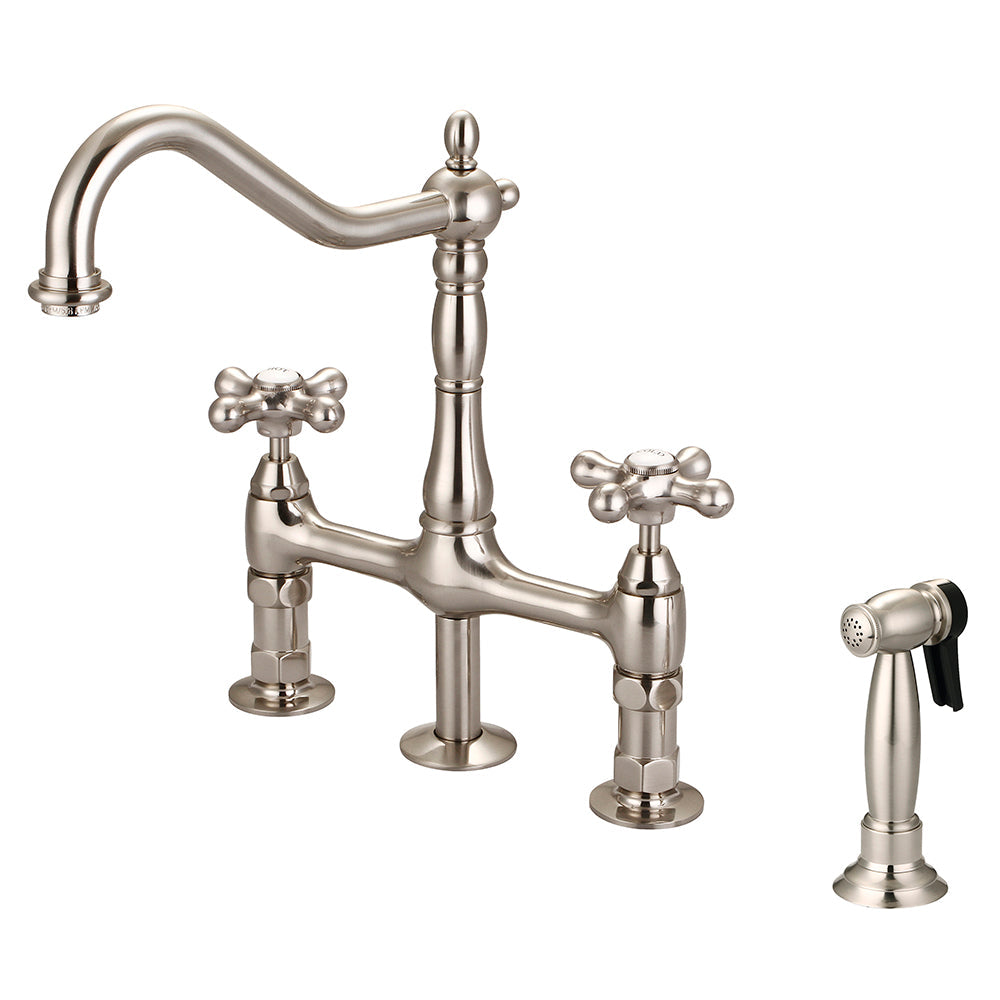 Emral Kitchen Bridge Faucet with Metal Button Cross Handles