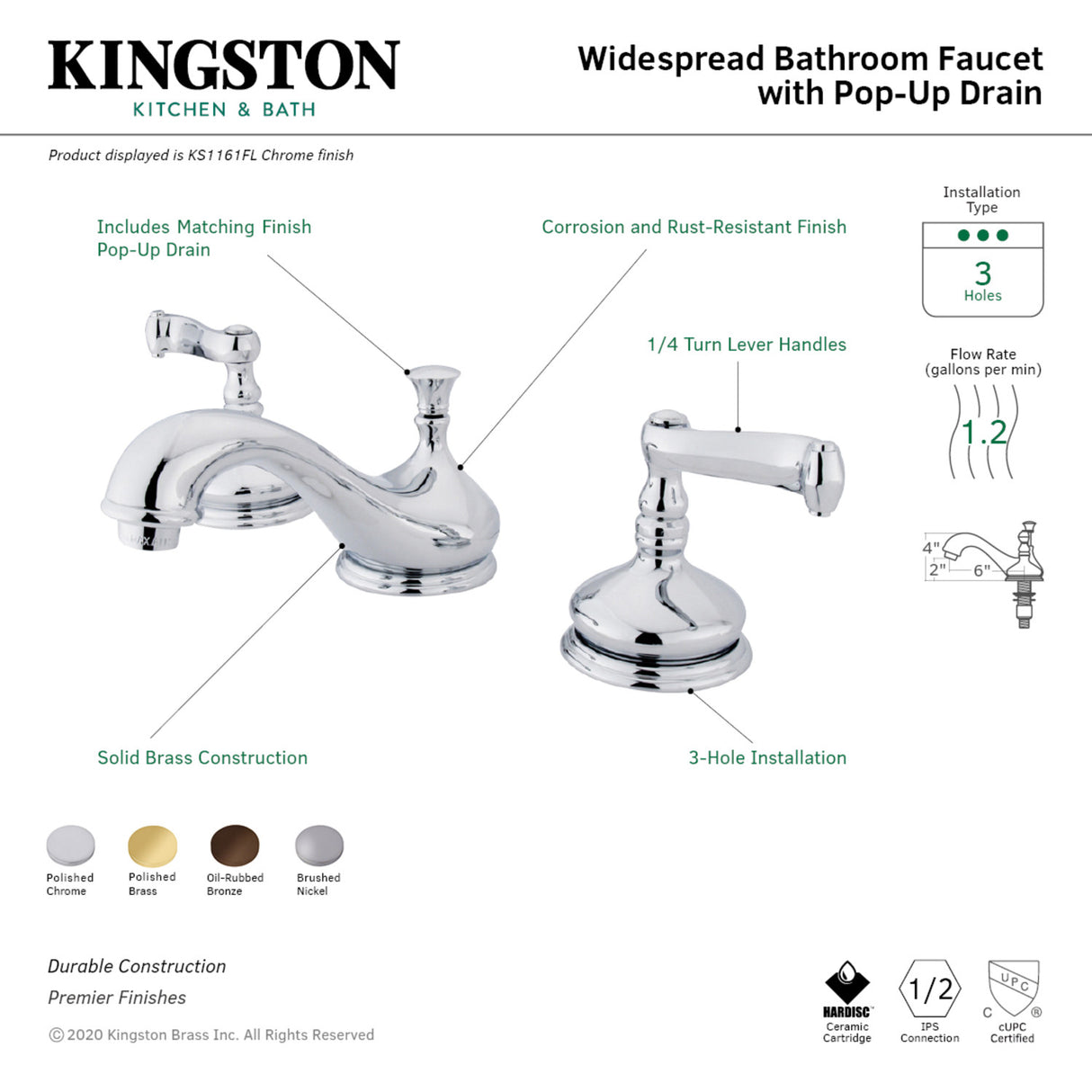Kingston Brass KS1162FL 8 in. Widespread Bathroom Faucet, Polished Brass