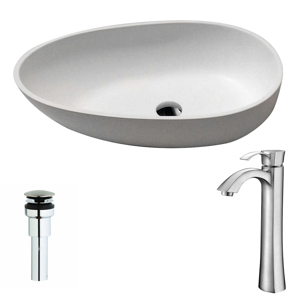 ANZZI LSAZ606-095B Trident One Piece Solid Surface Vessel Sink in Matte White with Harmony Faucet in Brushed Nickel
