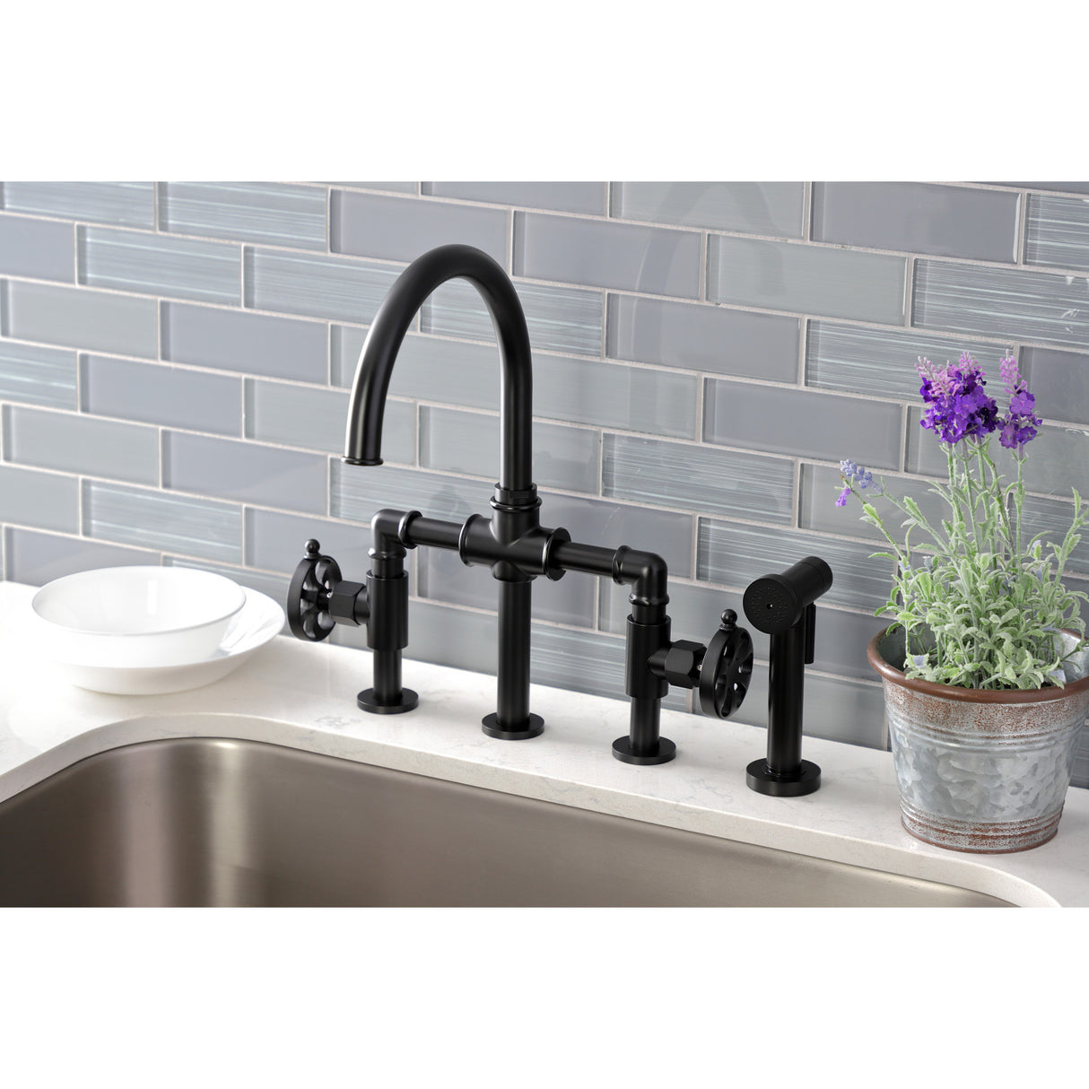 Kingston Brass KS2330RX Belknap Industrial Style Bridge Kitchen Faucet with Brass Sprayer, Matte Black