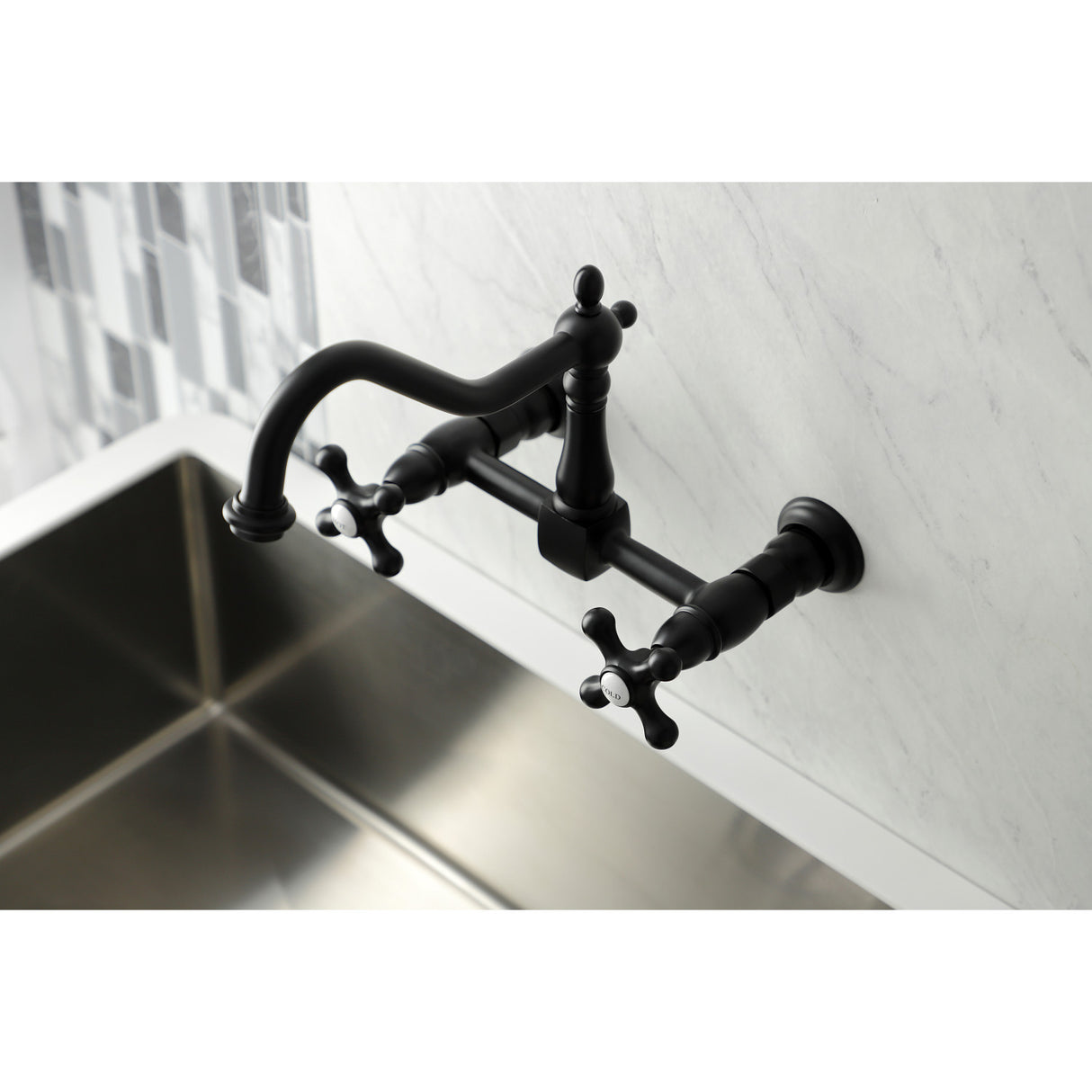 Kingston Brass KS1240AX Heritage Wall Mount Bridge Kitchen Faucet, Matte Black