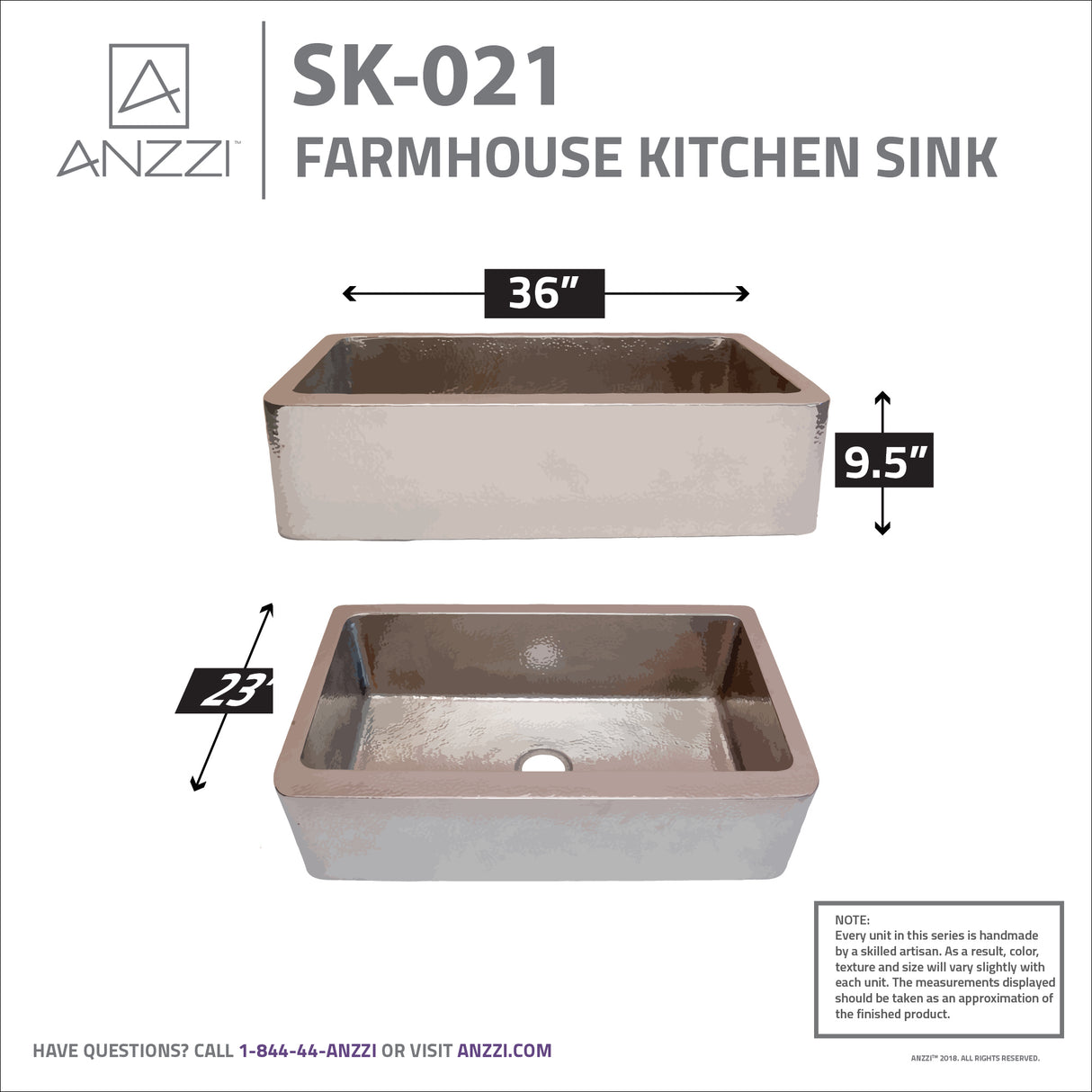 ANZZI SK-021 Parthia Farmhouse Handmade Copper 36 in. 0-Hole Single Bowl Kitchen Sink in Hammered Nickel