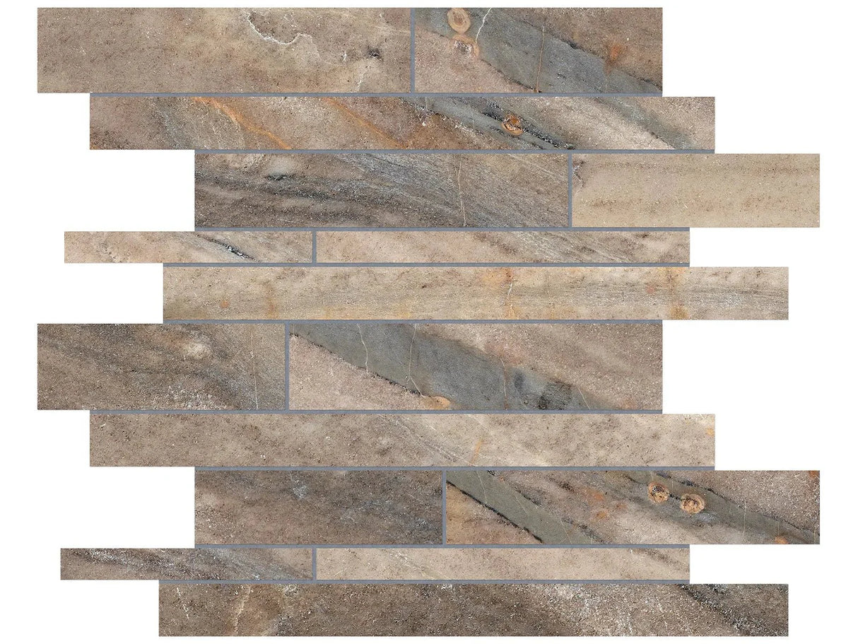 Anatolia Tile Evolution Earth Random Strip Matte Porcelain Mosaics. 1 Sheet = .96 Sq. Ft. 4501-0098-0 (69-204) Earth Random Strip - premium natural stone mosaic tile from Anatolia Tile, available at PoshHaus showroom in Keene, NH