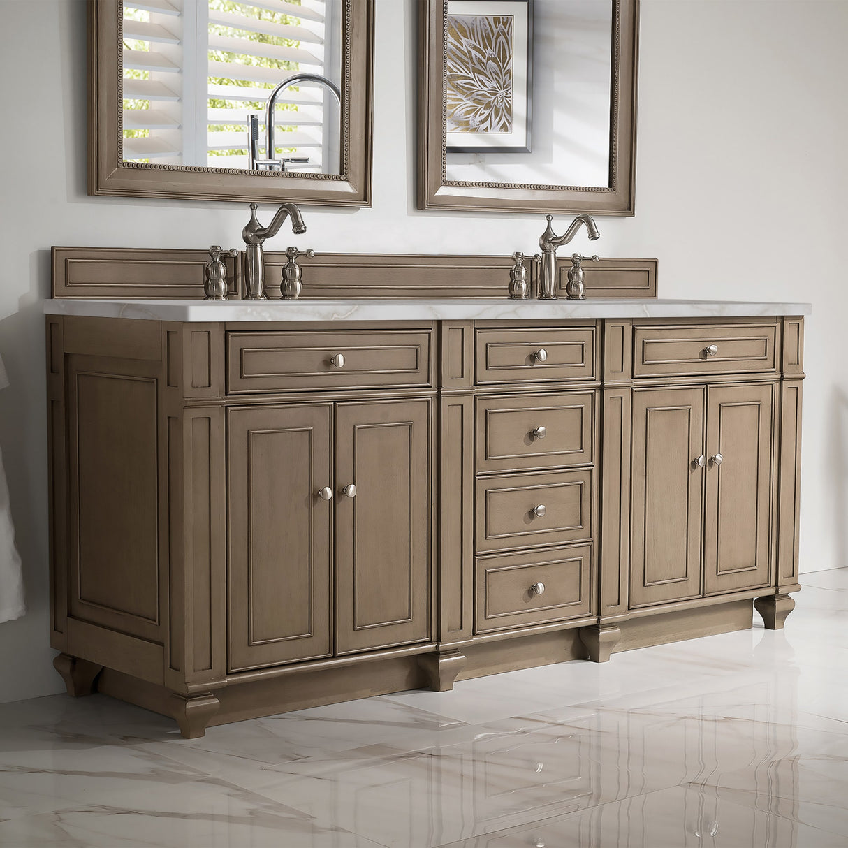 Bristol 72" Double Vanity, Whitewashed Walnut w/ 3 CM Victorian Silver Silestone Top w/FreePower Wireless Charger