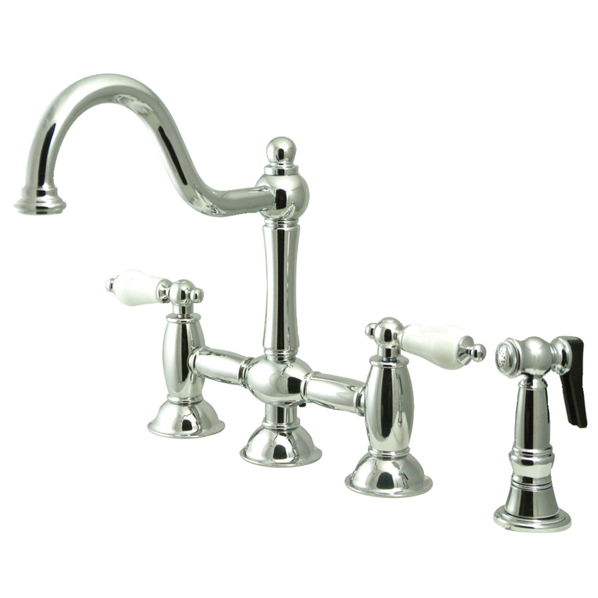 Kingston Brass KS3791PLBS Restoration Bridge Kitchen Faucet with Brass Sprayer, Polished Chrome