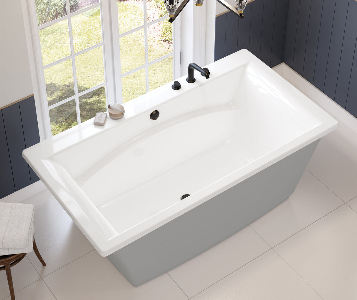 MAAX 105742-055-001-105 Optik 6636 F Acrylic Freestanding Center Drain Aerofeel Bathtub in White with Sterling Silver Skirt