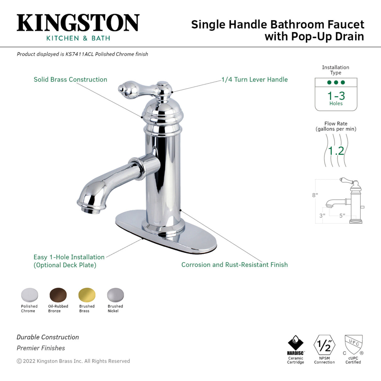 Kingston Brass KS7417ACL American Classic Single-Handle Bathroom Faucet, Brushed Brass