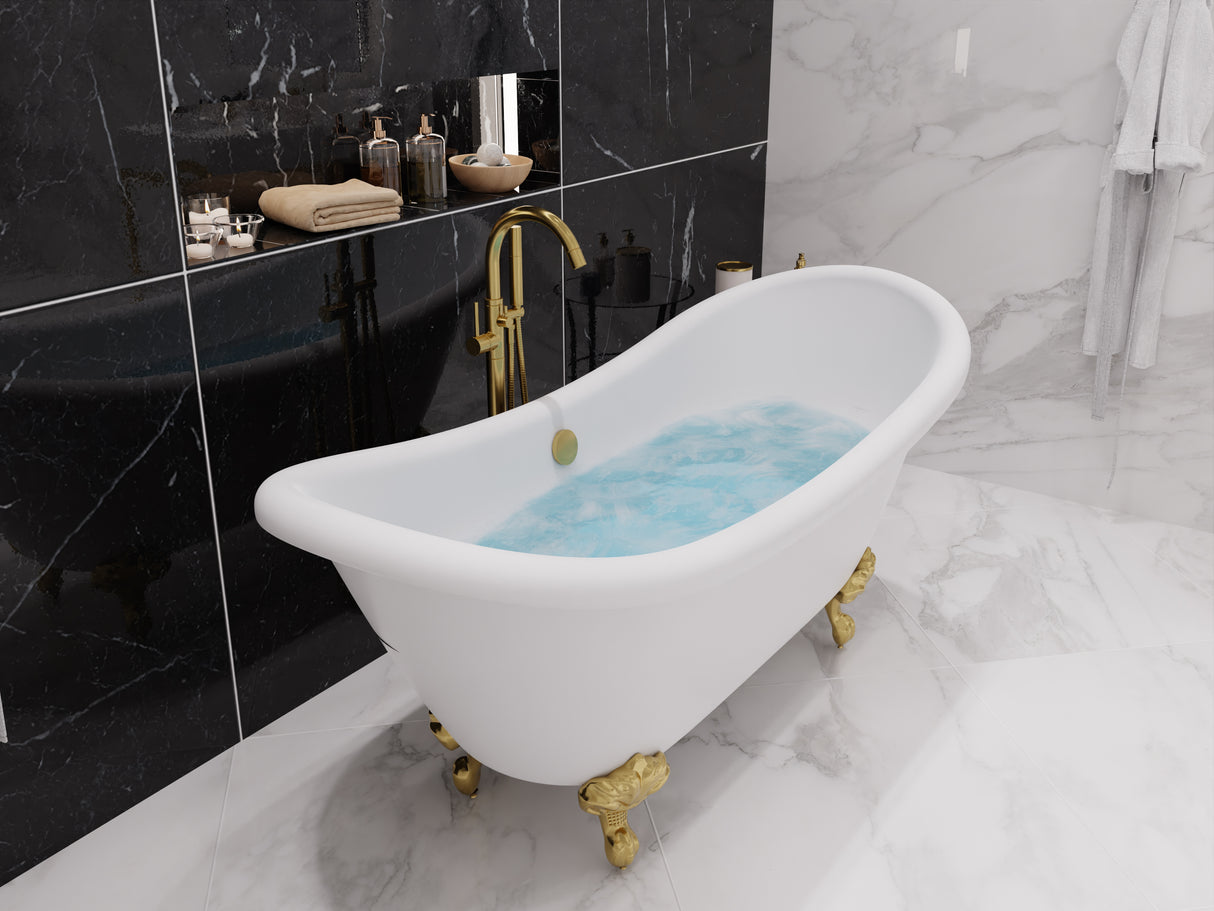 ANZZI FT-AZ132BG Falco Claw Foot 67" One Piece Acrylic Freestanding Soaking Bathtub in Glossy White with Brushed Gold Feet