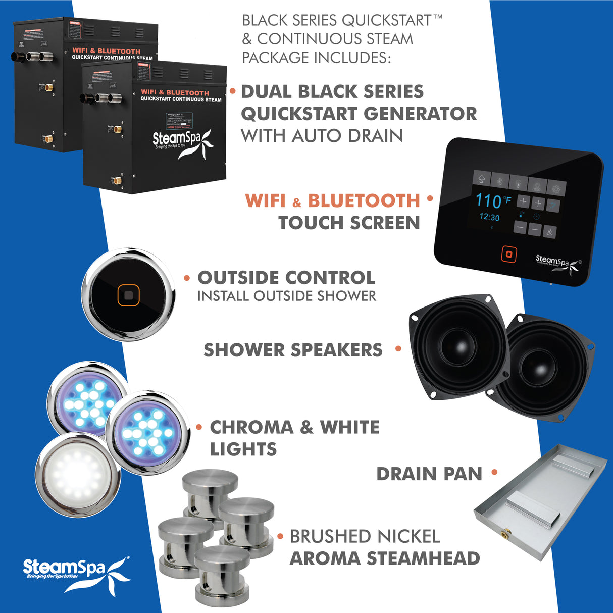 Steam Shower Generator Kit System | Brushed Nickel + Self Drain Combo| Enclosure Steamer Sauna Spa Stall Package|Touch Screen Wifi App/Bluetooth Control Panel |2x 10.5 kW Raven | RVB2100BN-A RVB2100BN-A