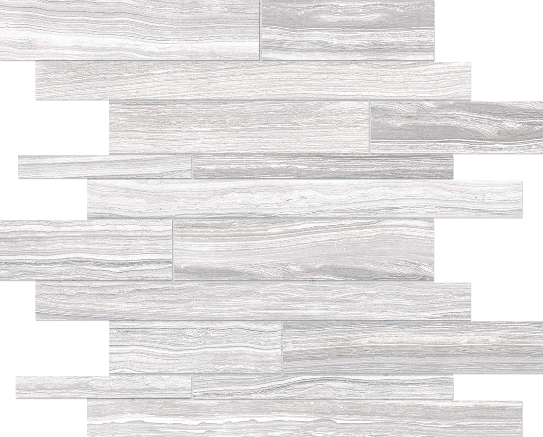 Anatolia Tile Eramosa Ice Random Strip Matte Porcelain Mosaics. 1 Sheet = .96 Sq. Ft. 4501-0089-0 (69-187) Ice Random Strip - premium natural stone mosaic tile from Anatolia Tile, available at PoshHaus showroom in Keene, NH