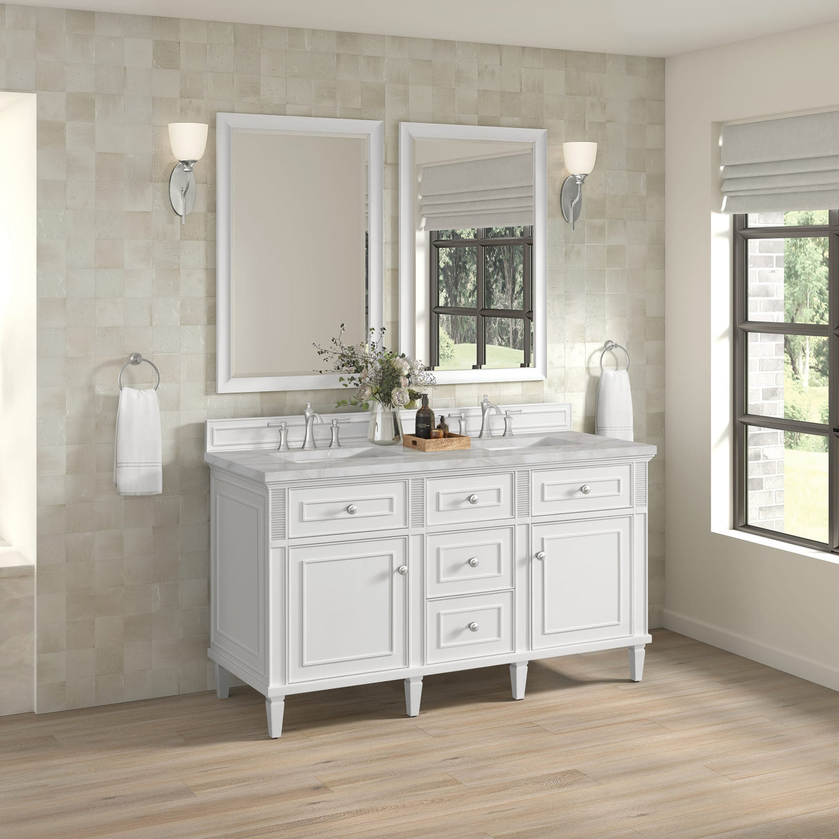 Lorelai 60" Double Vanity, Bright White w/ 3 CM Victorian Silver Silestone Top w/FreePower Wireless Charger