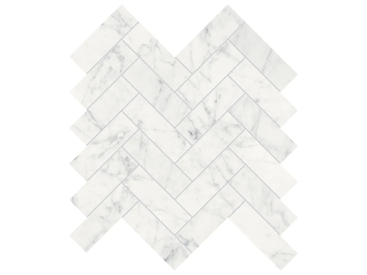 Anatolia Tile 1.25X4 Eterna Bianco Herringbone Polished Marble Mosaic 5001-0271-0 * 1 Sheet = .89 Sqft * Eterna Bianco Herringbone Polished - premium natural stone mosaic tile from Anatolia Tile, available at PoshHaus showroom in Keene, NH