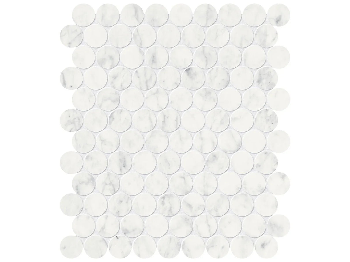 Anatolia Tile 1.25" Eterna Bianco Penny Round Honed Marble Mosaic 5001-0276-0 * 1 Sheet = .99 Sqft * Eterna Bianco Penny Round Honed - premium natural stone mosaic tile from Anatolia Tile, available at PoshHaus showroom in Keene, NH