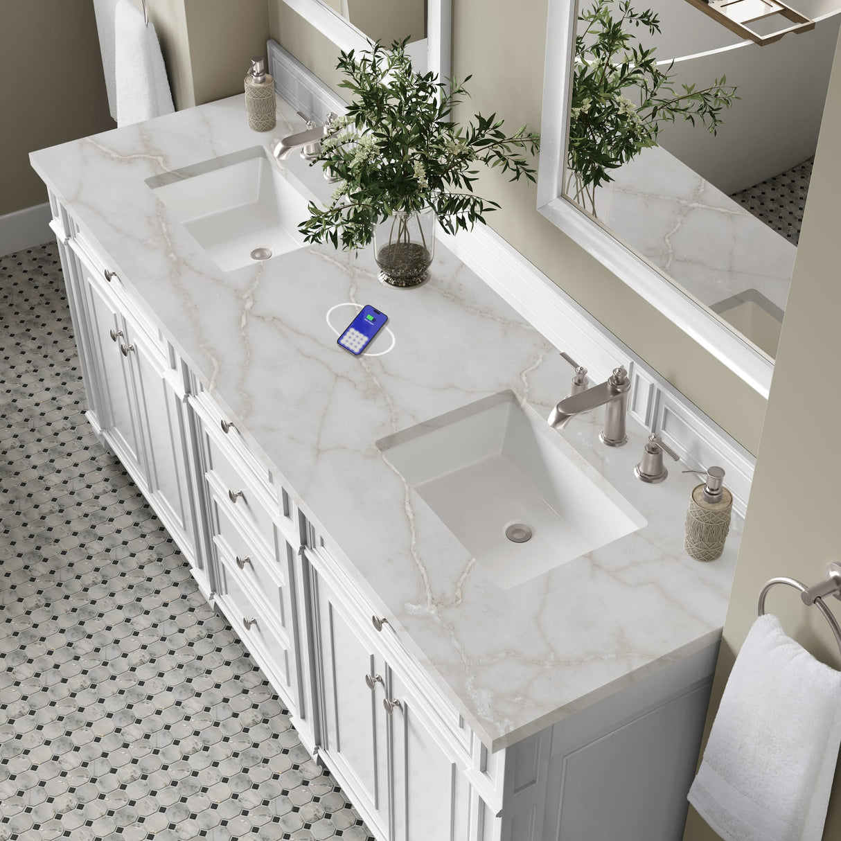 Bristol 72" Double Vanity, Bright White w/ 3 CM Victorian Silver Silestone Top w/FreePower Wireless Charger