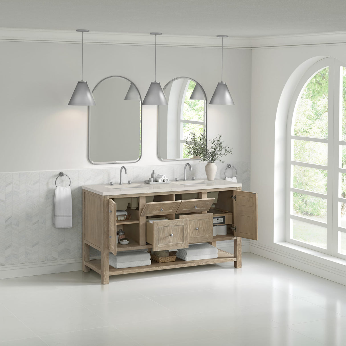 Breckenridge 60" Double Vanity, Whitewashed Oak, w/ 3 CM Siberian Silestone Top w/FreePower Wireless Charger
