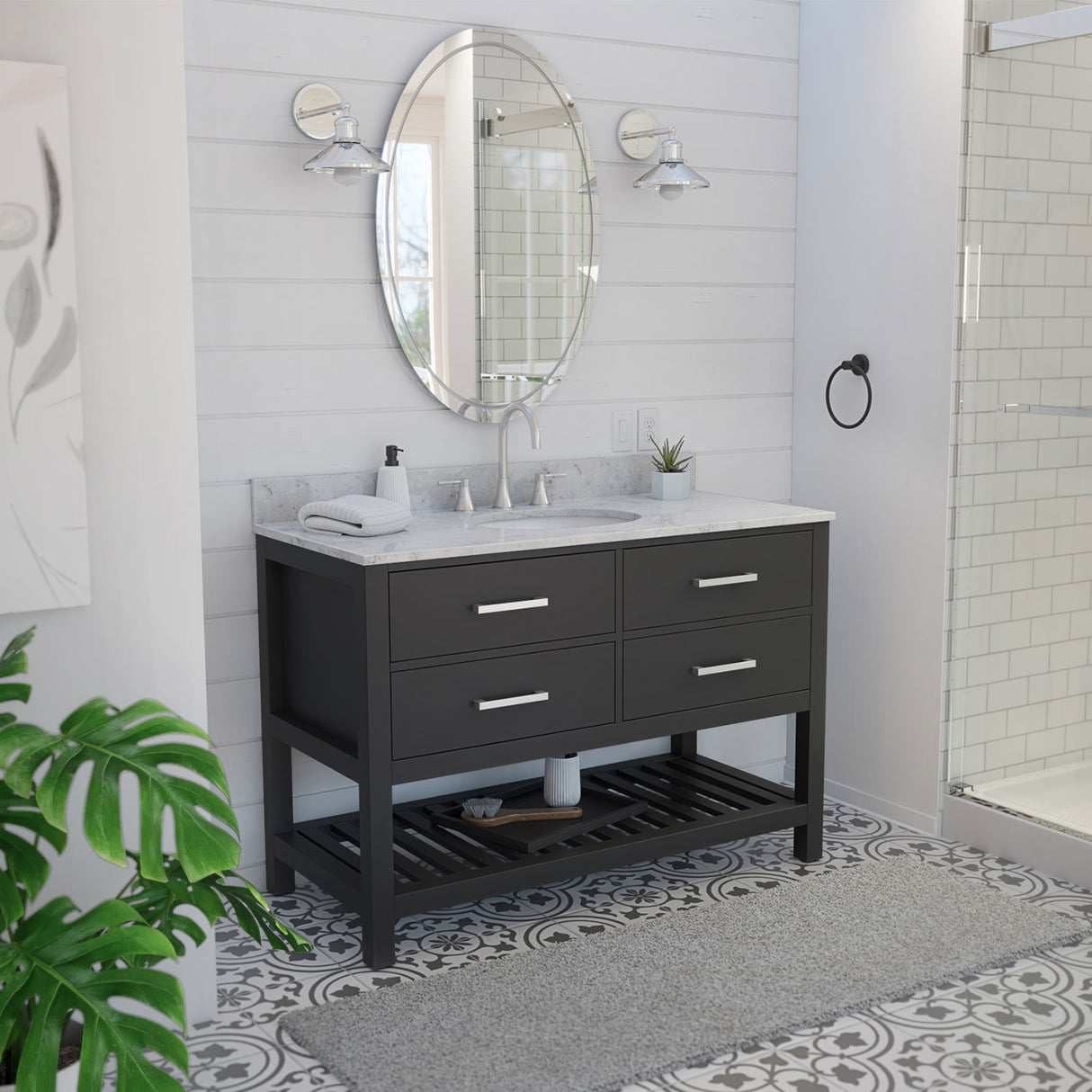 Valencia 48 Inch Oak Console Vanity with Oval Undermount Sink - Black