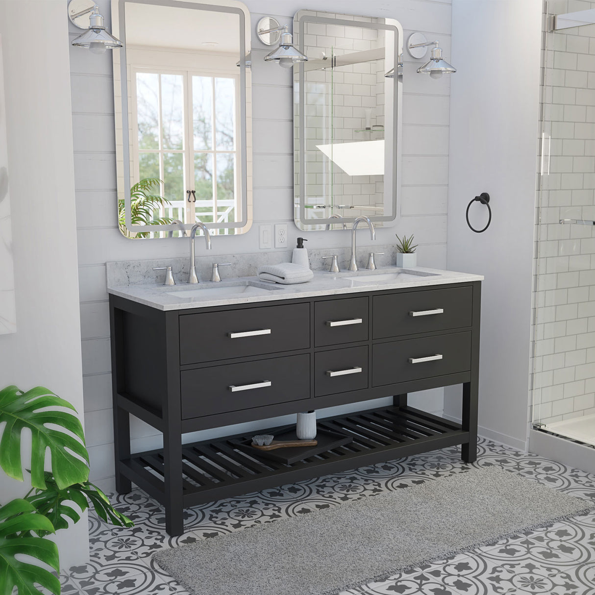 Valencia 60 Inch Birch & Oak Console Vanity with Rectangular Undermount Sinks - Black