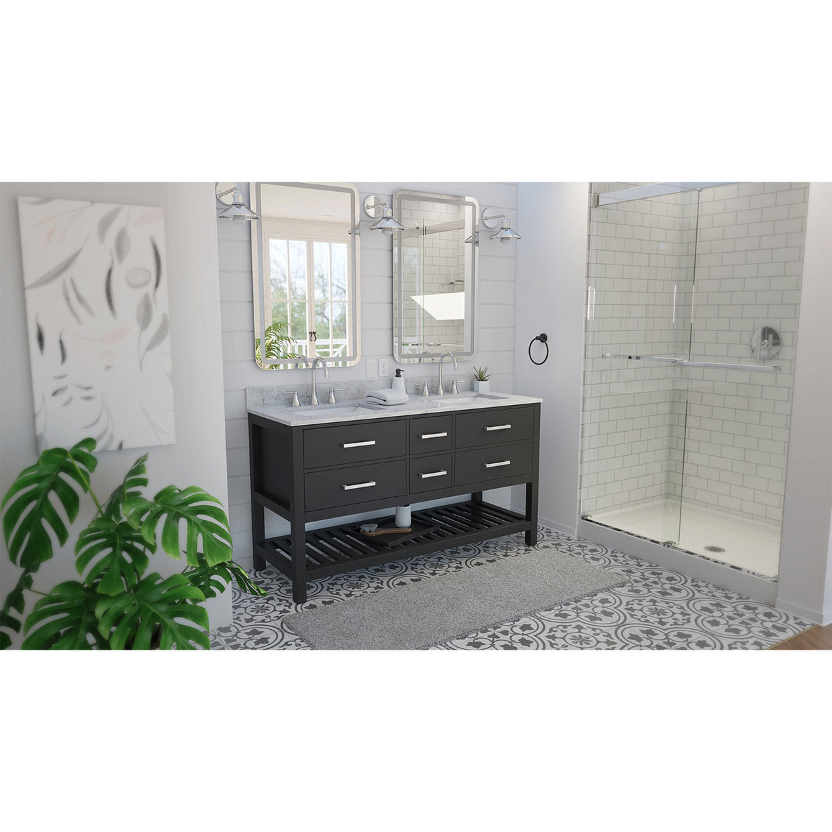 Valencia 60 Inch Birch & Oak Console Vanity with Oval Undermount Sinks - Black