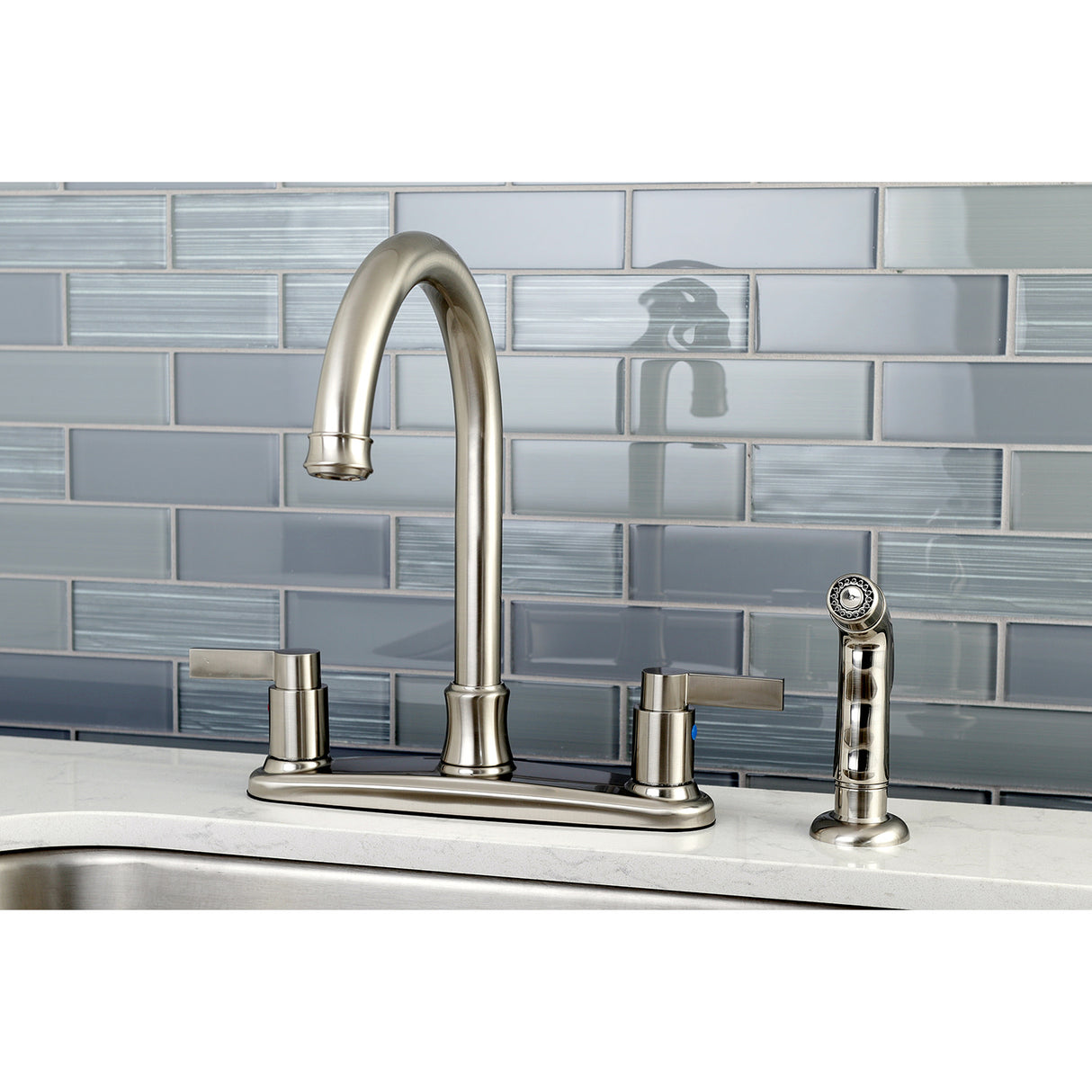 Kingston Brass FB7798NDLSP NuvoFusion 8-Inch Centerset Kitchen Faucet with Sprayer, Brushed Nickel