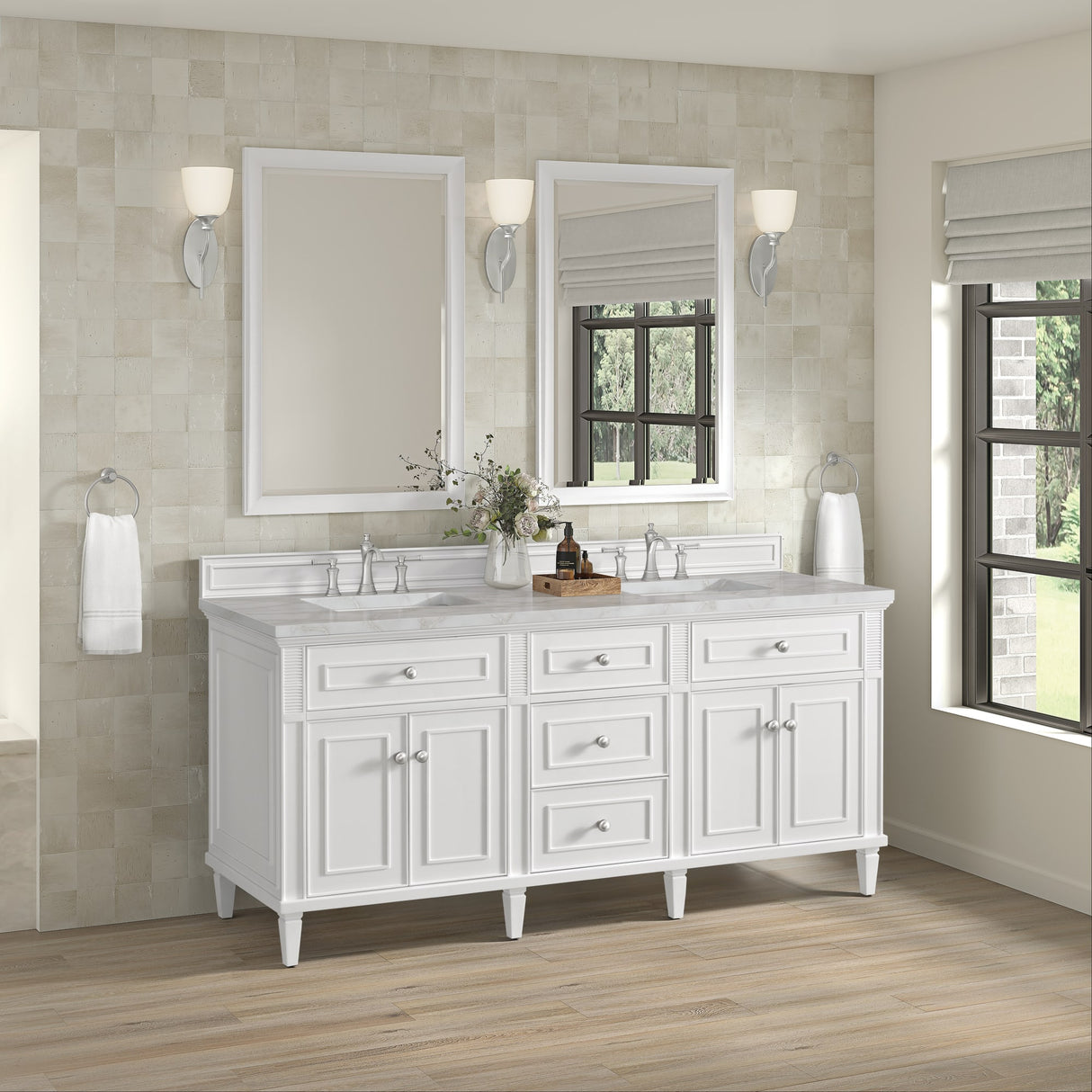 Lorelai 72" Double Vanity, Bright White w/ 3 CM Victorian Silver Silestone Top