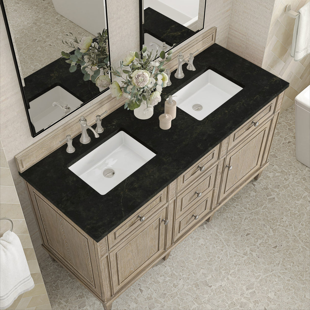 Lorelai 60" Double Vanity, Whitewashed Oak, w/ 3 CM Phantome Eclos Top