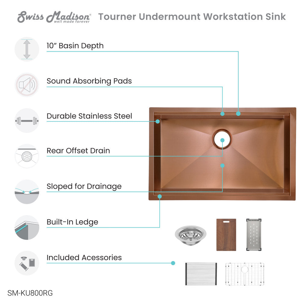Tourner 30 x 19 Stainless Steel, Single Basin, Undermount Kitchen Workstation Sink in Rose Gold