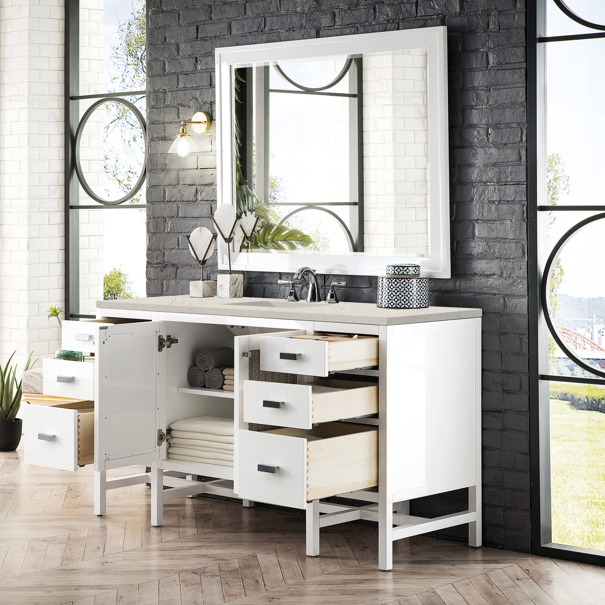 Addison 60" Single Vanity, Glossy White, w/ 3 CM Siberian Silestone Top