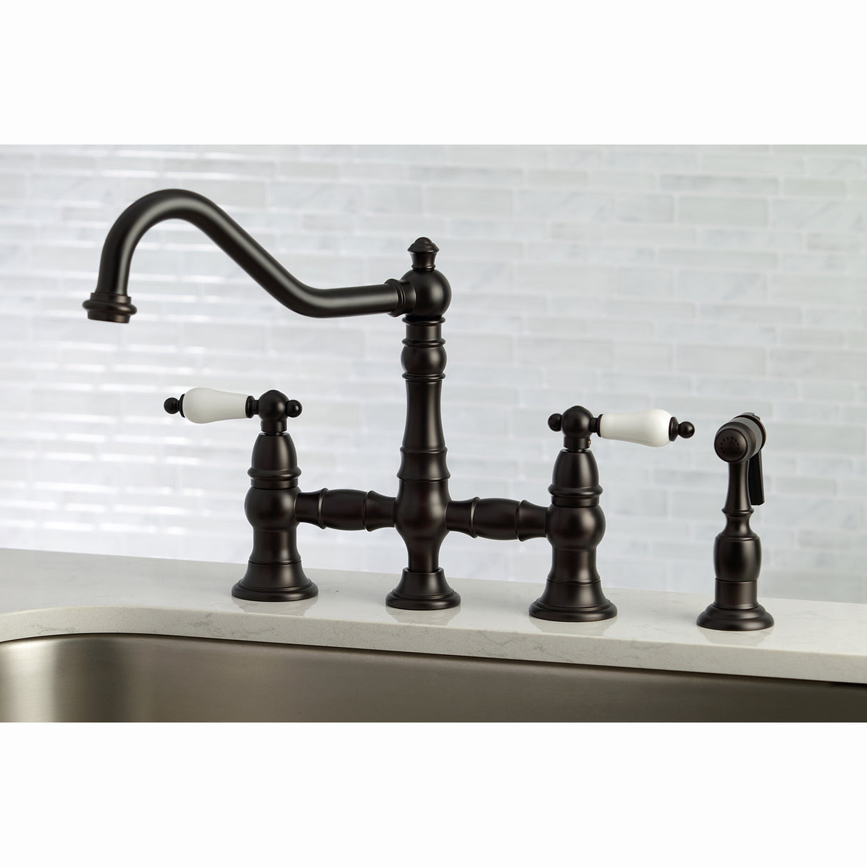 Kingston Brass KS3275PLBS Restoration 8-Inch Bridge Kitchen Faucet with Sprayer, Oil Rubbed Bronze
