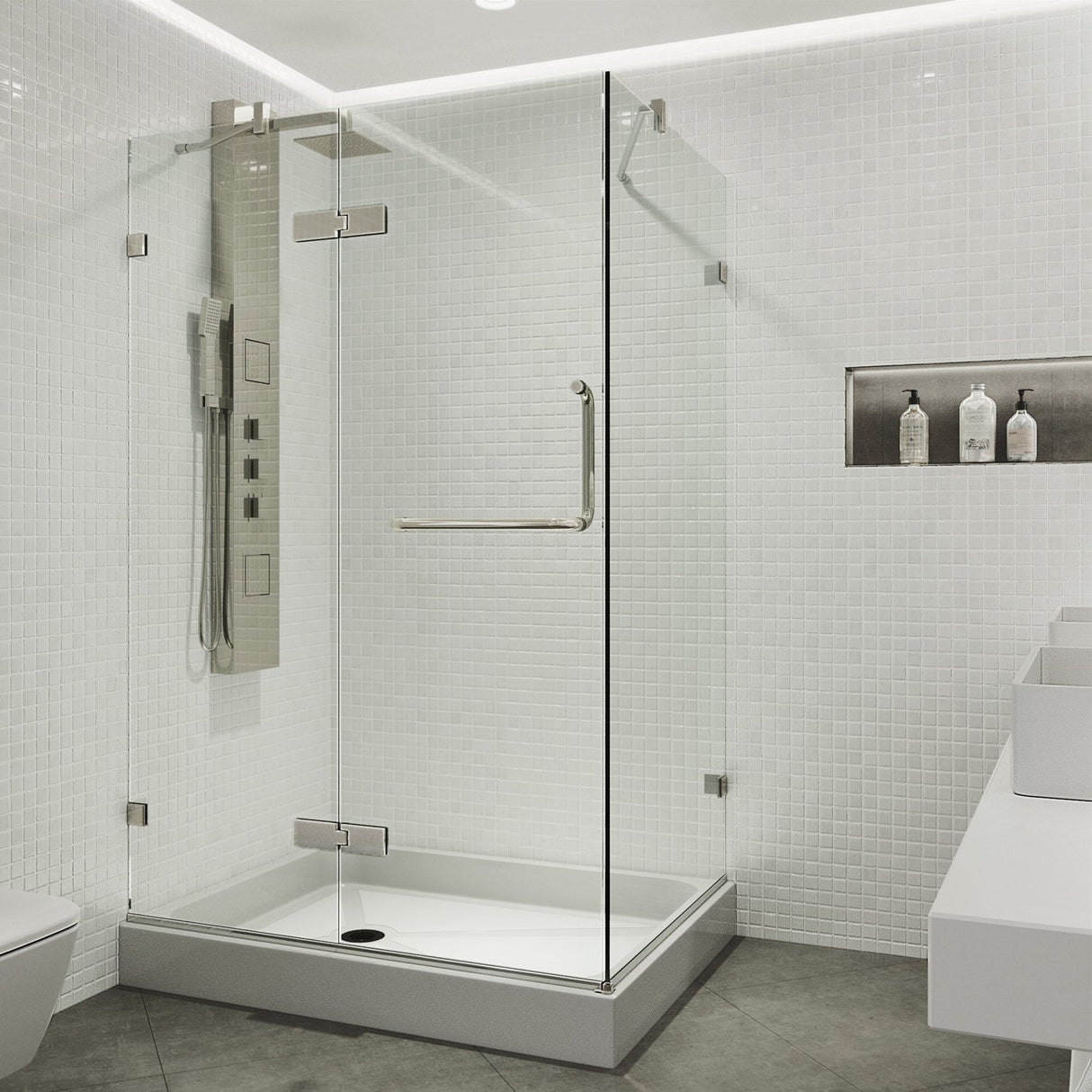VIGO Monteray 32.375 W x 79.25 H Frameless Hinged Shower Enclosure in Brushed Nickel with shower base and handle VG6011BNCL40WL