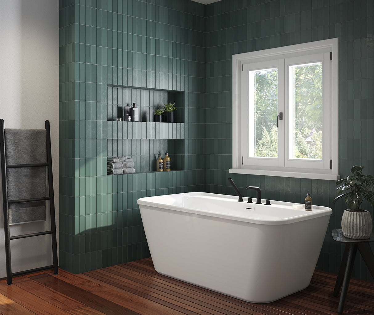 MAAX 106995-000-002-000 Pocono 58 x 32 AcrylX Freestanding Center Drain Bathtub in White with White Skirt