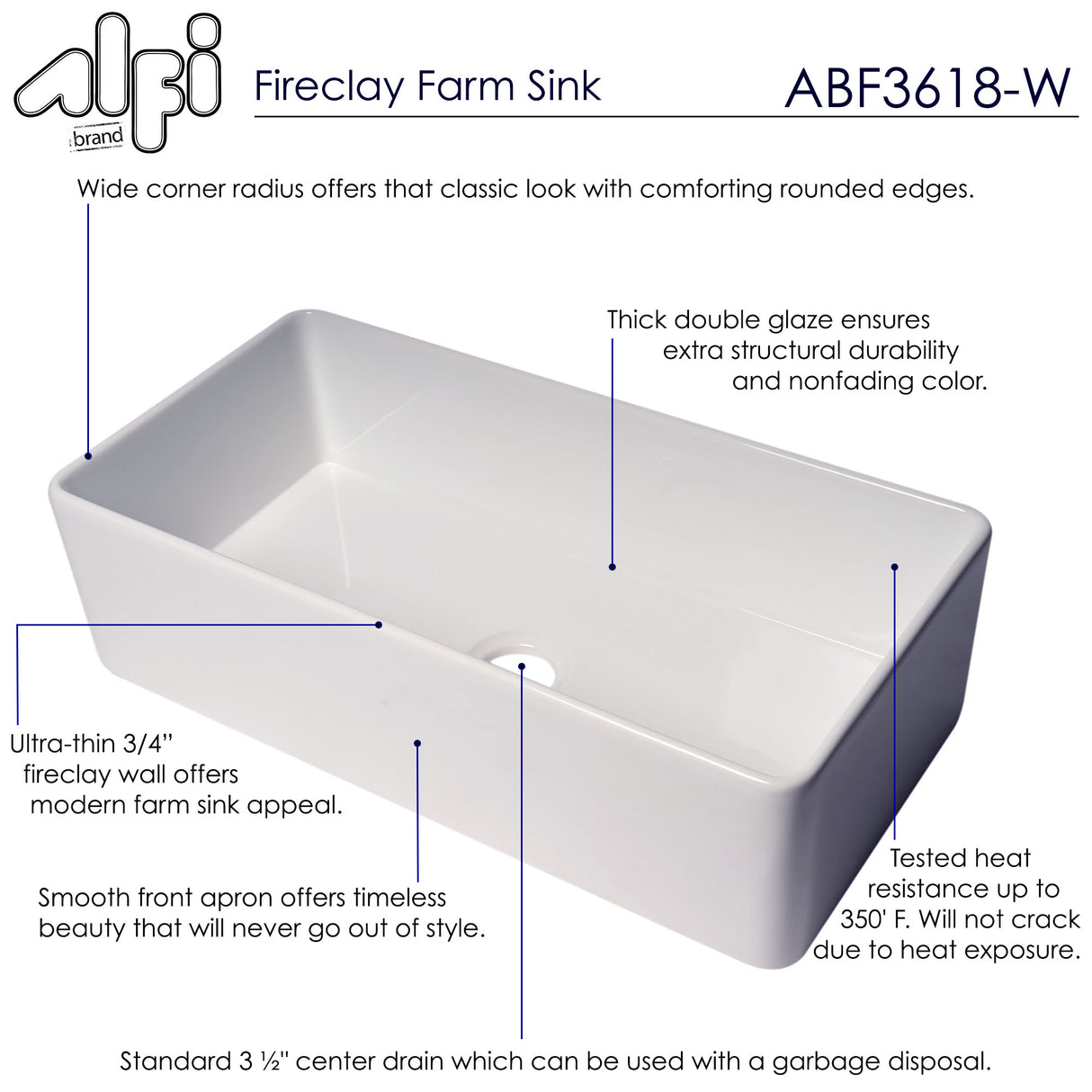 ALFI brand ABF3618 36" White Thin Wall Single Bowl Smooth Apron Fireclay Kitchen Farm Sink