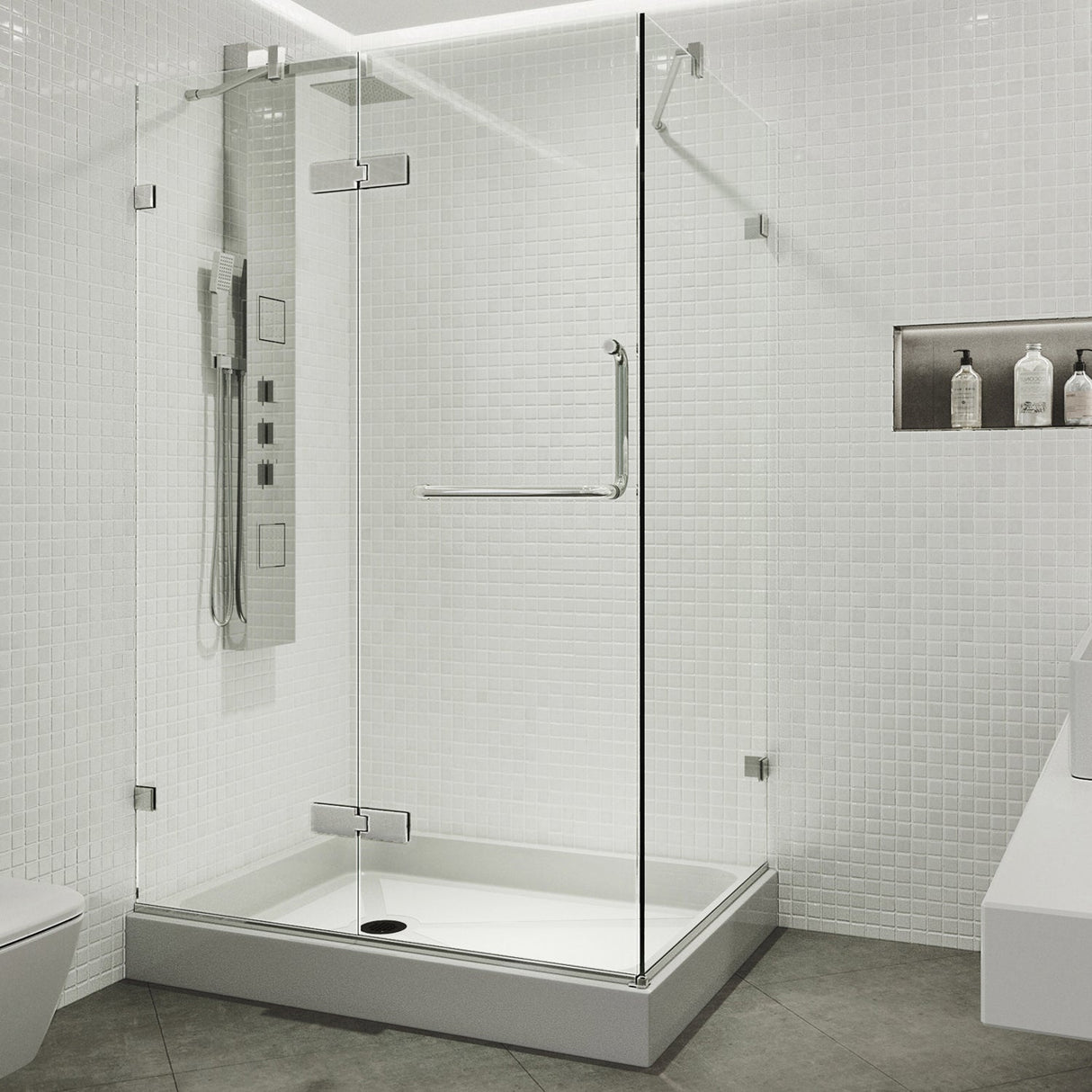 VIGO Monteray 32.375 W x 79.25 H Frameless Hinged Shower Enclosure in Chrome with shower base and handle VG6011CHCL40WL