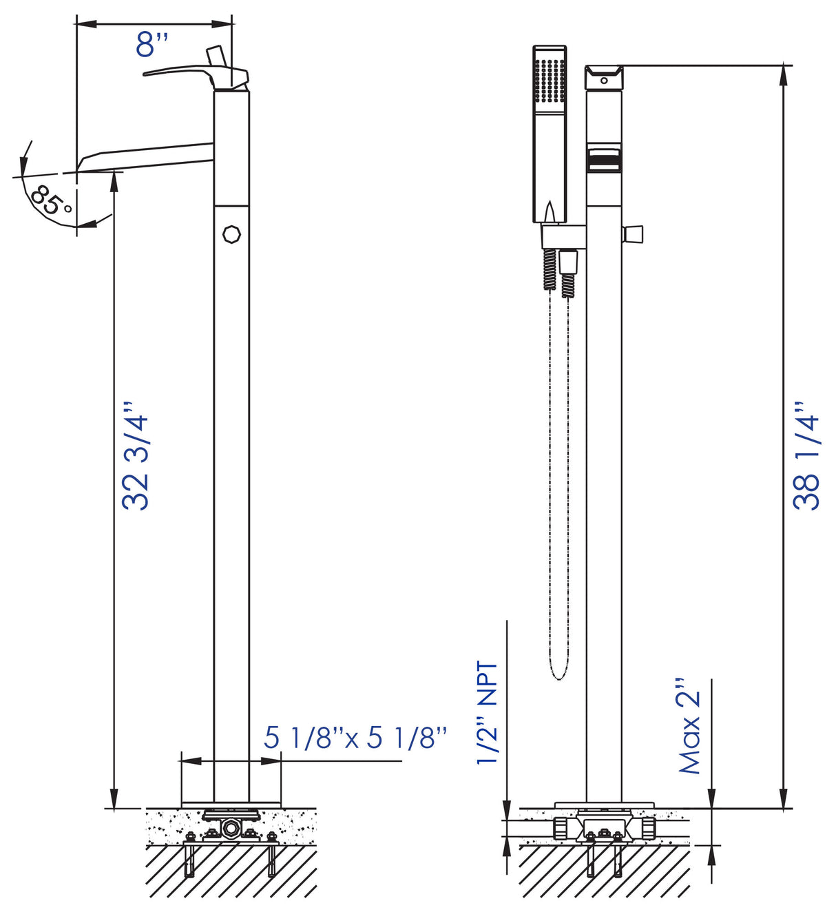ALFI brand AB2843-PC Polished Chrome Single Hole Floor Mounted Waterfall Tub Filler