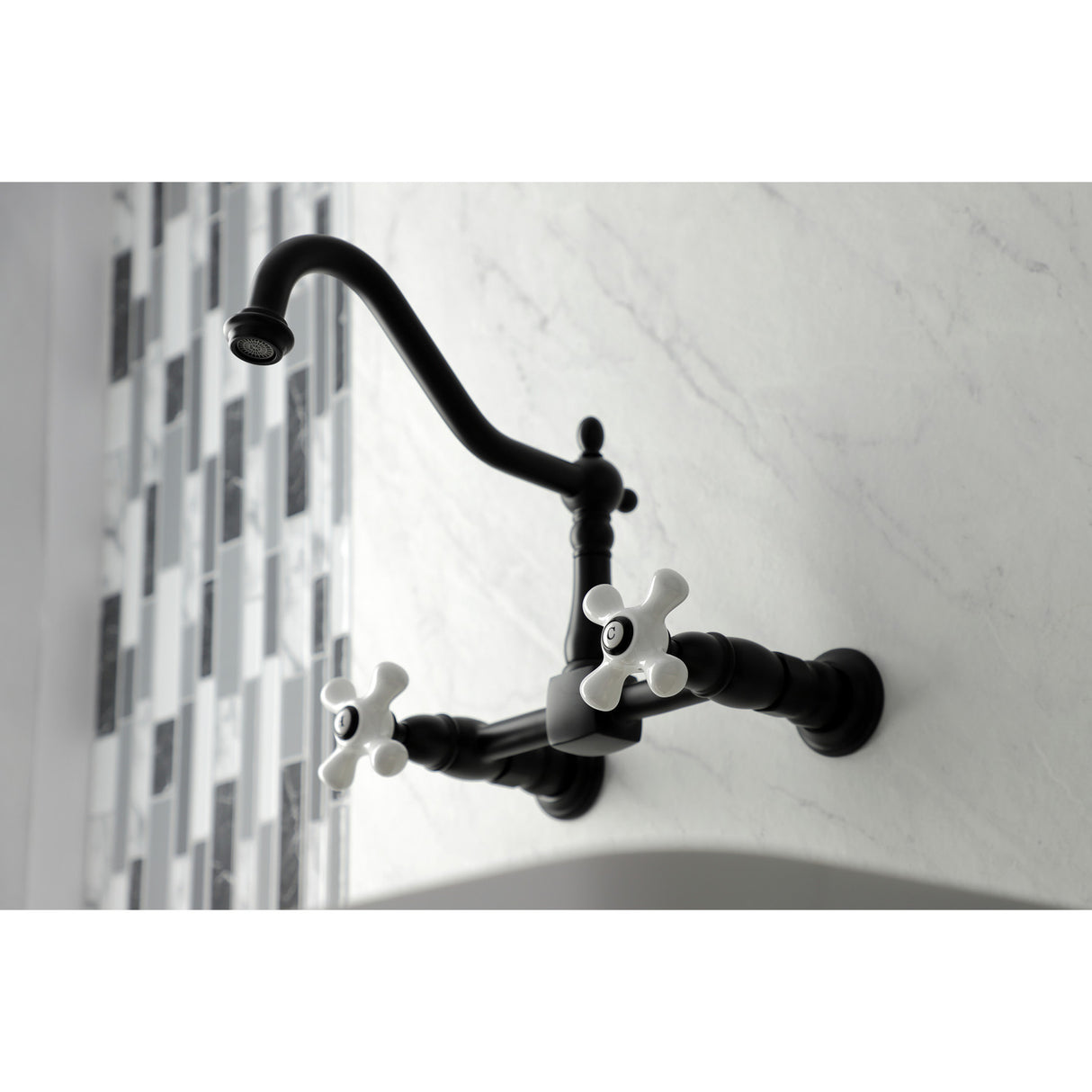 Kingston Brass KS1240PX Heritage Wall Mount Bridge Kitchen Faucet, Matte Black