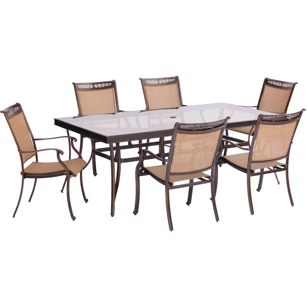 Hanover FNTDN7PCG-SC 7pc Dining Set:42x84"glass top tbl, 6 sling dining chrs, includes cover