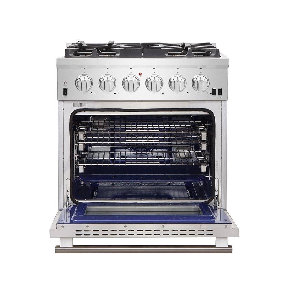 Forno 3-Piece Pro Appliance Package - 30-Inch Gas Range, Pro-Style Refrigerator, and Dishwasher in Stainless Steel
