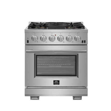 Forno 3-Piece Pro Appliance Package - 30-Inch Gas Range, Pro-Style Refrigerator, and Dishwasher in Stainless Steel