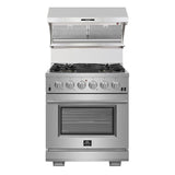 Forno 5-Piece Appliance Package - 30-Inch Electric Range, Wall Mount Range Hood with Backsplash, French Door Refrigerator, Dishwasher, and MicrowaveOven in Stainless Steel