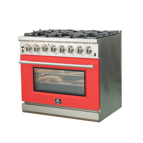 Forno 36-Inch Capriasca Dual Fuel Range with 6 Gas Burners and 240v Electric Oven in Stainless Steel with Red Door (FFSGS6187-36RED)
