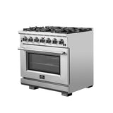 Forno 3-Piece Pro Appliance Package - 36-Inch Gas Range, Refrigerator with Water Dispenser,& Wall Mount Hood with Backsplash in Stainless Steel