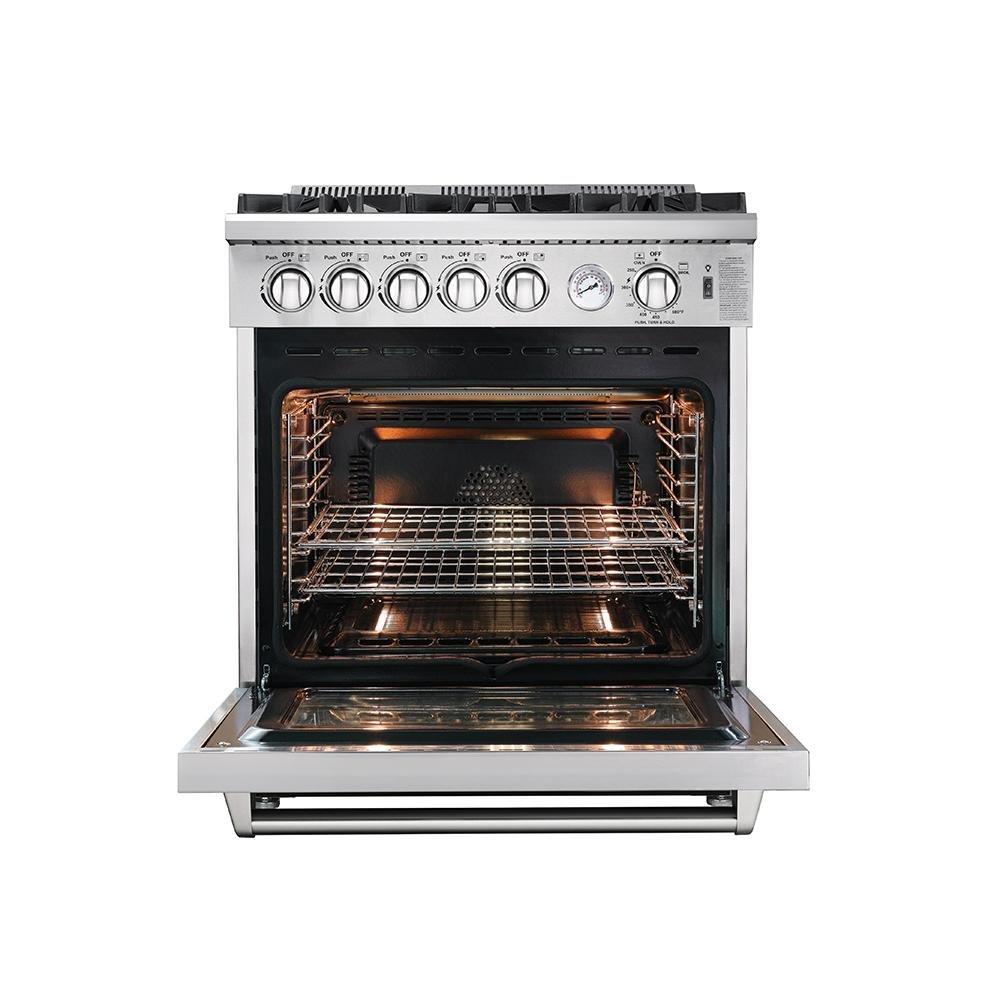 Forno 3-Piece Appliance Package - 30-Inch Gas Range, Refrigerator with Water Dispenser, & Wall Mount Hood with Backsplash in Stainless Steel